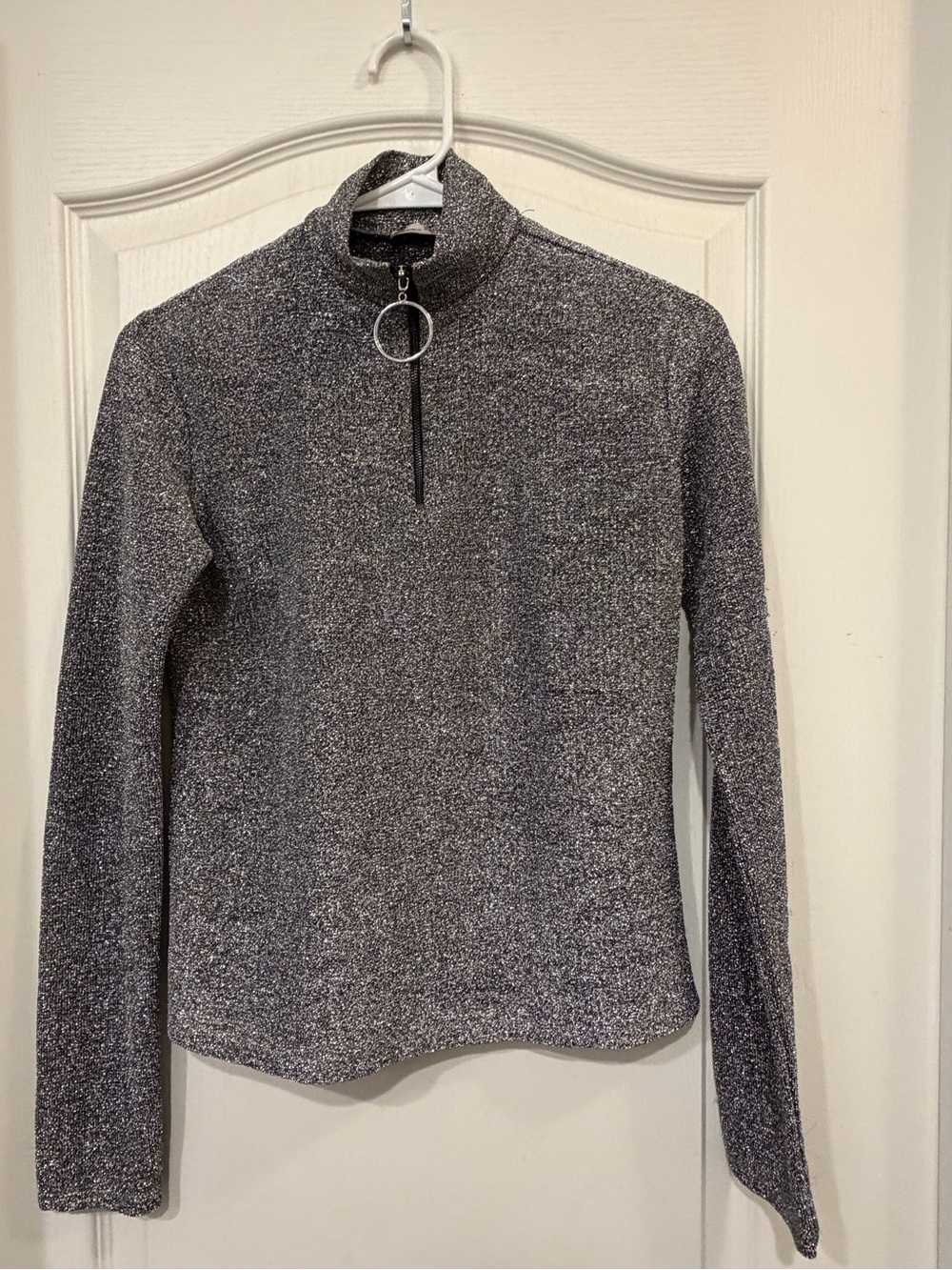 Zara Metallic Mock Neck Long Sleeve Top with Ring Zip - Gray